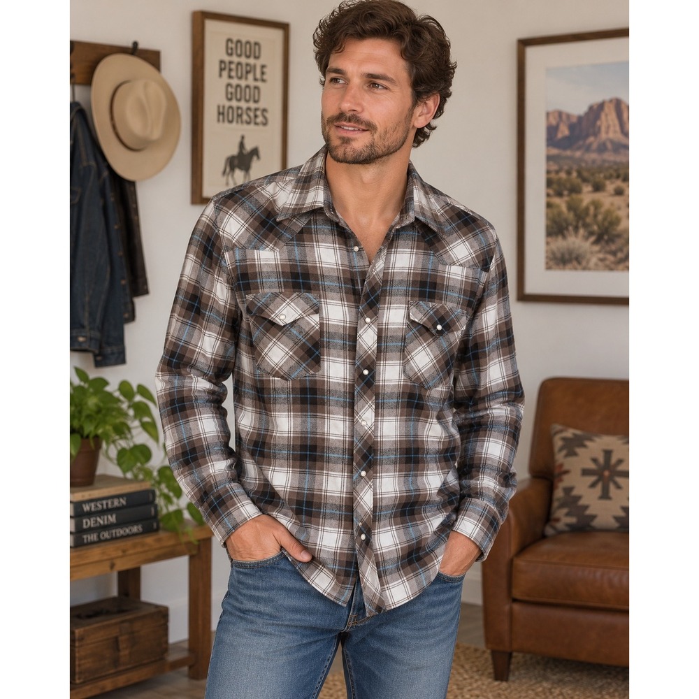 Wrangler Wrancher Mens Brown Blue Plaid Western Pearl Snap Shirt Long Sleeve